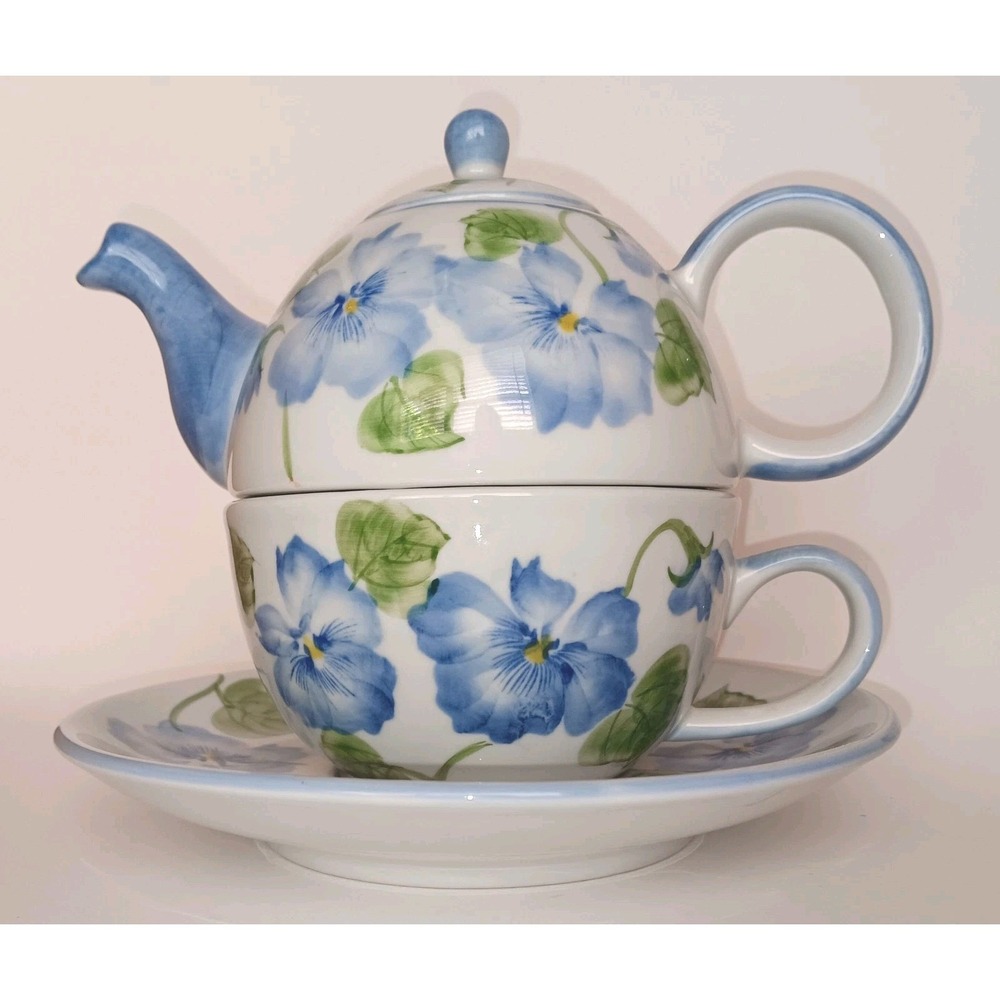 Andrea By Sadek Tea for One Stackable 4 Pc China Set Cup Saucer Pot Blue Floral